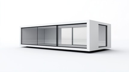 Modern white minimalist modular home with large sliding glass windows.