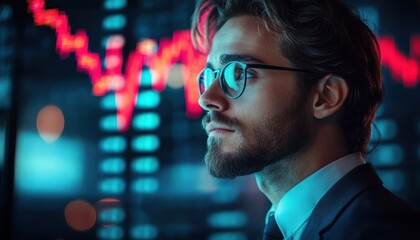 Focused young businessman with glasses analyzing fluctuating red stock market graph on transparent screen in a dark office environment