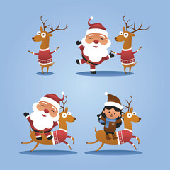santa claus cartoon character set with reindeer and child in various style poses