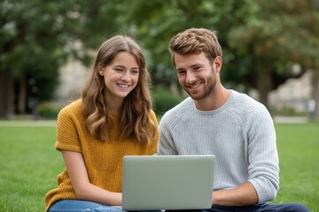 Fototapeta premium Couple Using Laptop Outdoors on Lawn Together