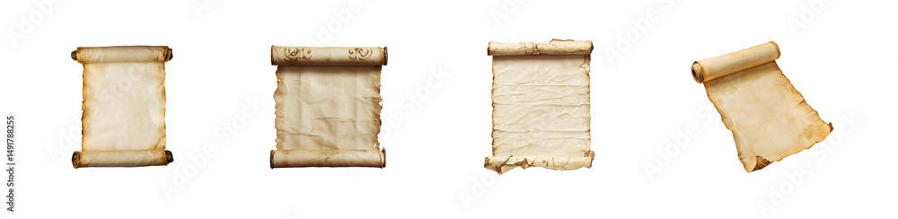 Poster set of vintage parchment scrolls arranged horizontally. isolated on transparent background