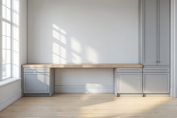 Fototapeta premium Empty modern workspace with light gray cabinets and wood countertops.