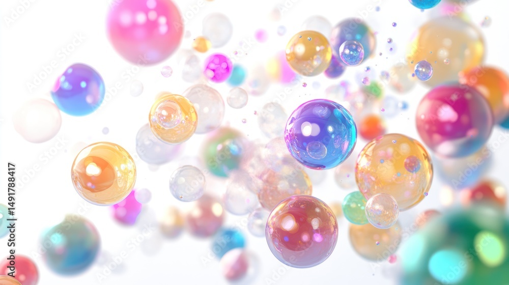 Poster iridescent spheres: a captivating display of multicolored bubbles against a bright background