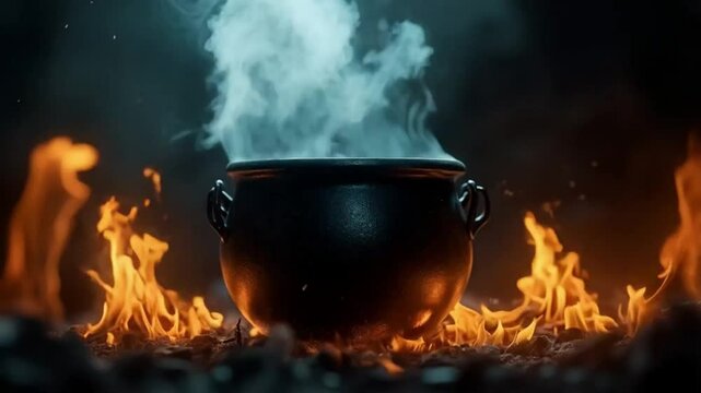 A potion cauldron sits over a fire pit, bubbling mysteriously as colorful smoke rises into the air.
