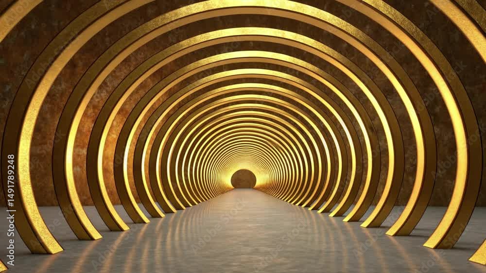Poster golden tunnel with multiple arches leading to a bright end point on a reflective floor