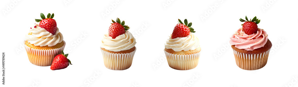 Poster set of strawberry cupcakes with different frosting colors. isolated on transparent background