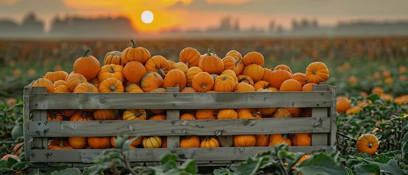 Freshly harvested pumpkins in boxes on farm field.