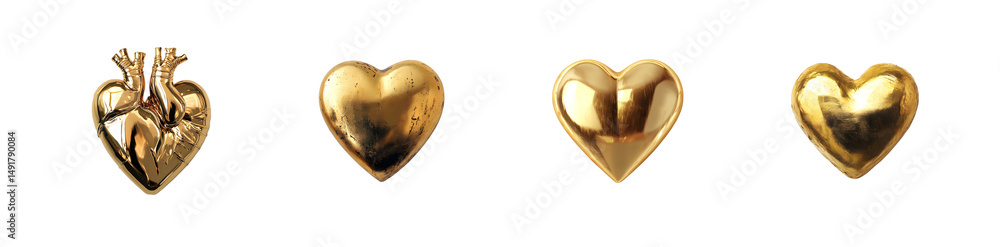 Poster set of golden heart shaped objects. isolated on transparent background