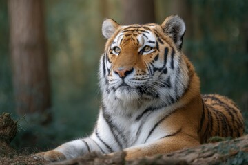 Fototapeta premium Resting Tiger Looking Up in Natural Habitat Forest Setting
