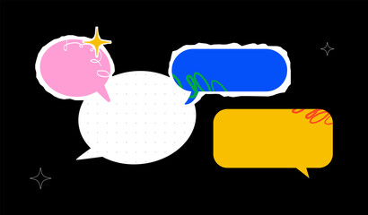 Cut out collage of torn pieces of paper and speech bubbles. Bright textured template design for dialog and notifications.
