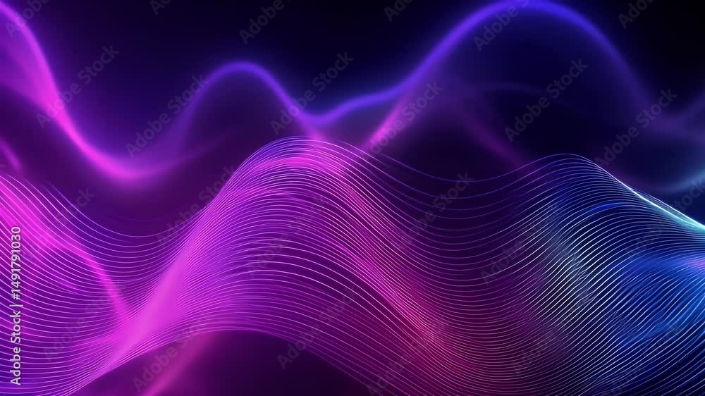 Poster abstract purple and blue gradient background with a wavy shape, glowing lines, and a futuristic desi