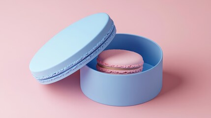 Pastel perfection: a single pink macaron in a charming light blue box