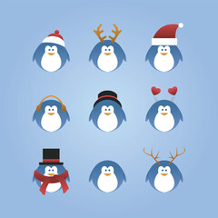 set Cute cartoon penguin icons with different styles
