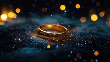 Obraz premium A gold ring with intricate detailing rests on a bed of dark, glittering particles, subtly illuminated by warm bokeh lights against a moody, dark background