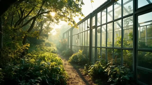 A transparent green house stands in the garden, allowing sunlight to nourish the plants inside.

