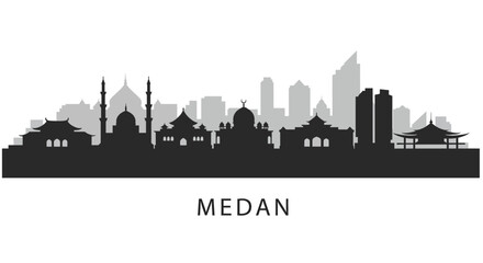 Naklejka premium Medan City Skyline with Indonesia Silhouette.