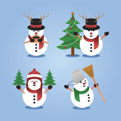 Cartoon snowman set with coffee, Christmas tree etc.