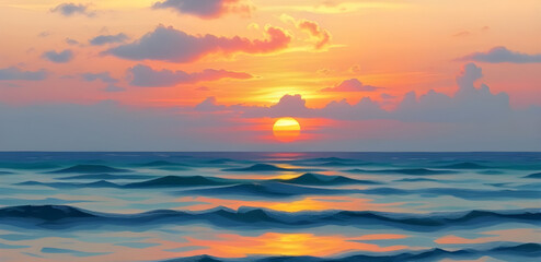 Fototapeta premium sea with evening light, romantic sunset view, scenic sunset seascape, sunset impressionist art, calm ocean horizon, colorful sky oil painting, sunset on the water