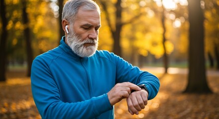 Senior Man with Gray Beard Using Smartwatch During Autumn Workout in Park