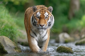 Obraz premium Tiger Walking Through Shallow Water, Wildlife in Natural Habitat