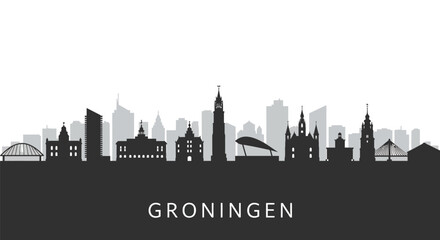 Fototapeta premium Groningen Skyline with Netherlands Cityscape, and Black Silhouette.