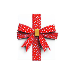 Festive red polka dot ribbon bow decoration with gold accent on white background for celebration and gift wrapping
