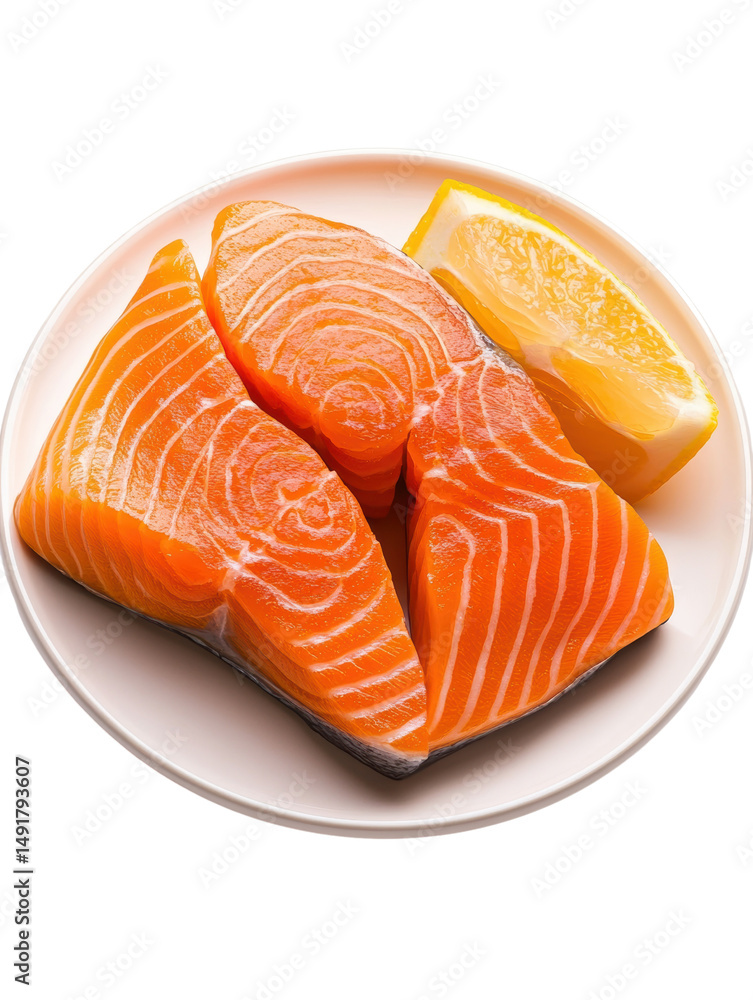 Poster fresh salmon fillets arranged on a plate with a wedge of lemon creating a healthy and colorful seafo