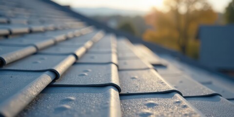 Close-up View of a Newly Installed Durable Roof Featuring Interlocking Tiles in a Sleek Gray Finish, Bathed in Soft Golden Sunlight
