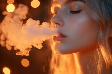 close-up of young woman exhaling a thick cloud of vapor with eyes closed, glowing warm ambient lighting around her face and hair