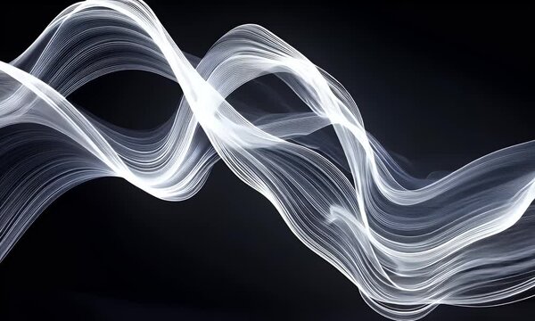  Abstract white wave on a black background, a vector illustration of a sound or music effect with wavy lines and waves