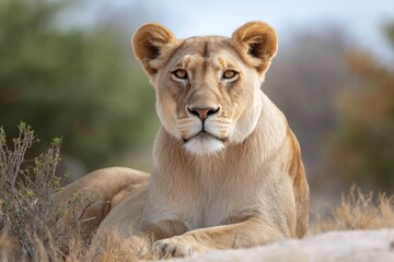 Obraz premium Lion Resting Portrait in Natural Habitat Looking at Camera