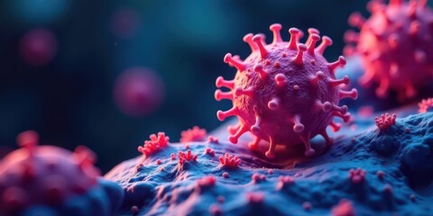 Microscopic View of Infectious Agents on Cellular Surface A Detailed Representation of Viral Particles Adhering to a Host Cell