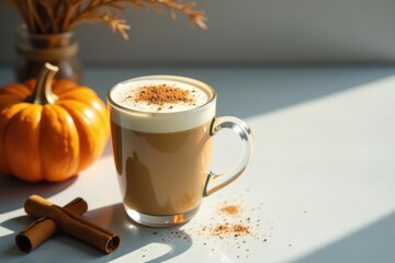 Aromatic Fall Beverage in a Clear Mug with a Pumpkin and Cinnamon Sticks