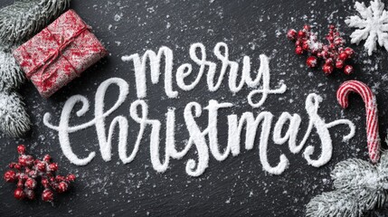 Festive "Merry Christmas" lettering with candy cane and colorful decorations on a black background.