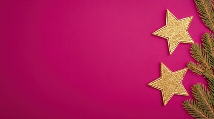 Obraz premium Pink Christmas background with golden stars and green fir branches, festive holiday decoration design.