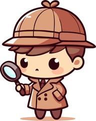 Cute Detective Boy Cartoon Vector Holding Magnifying Glass – Adorable Kid Investigator Character for Children’s Designs