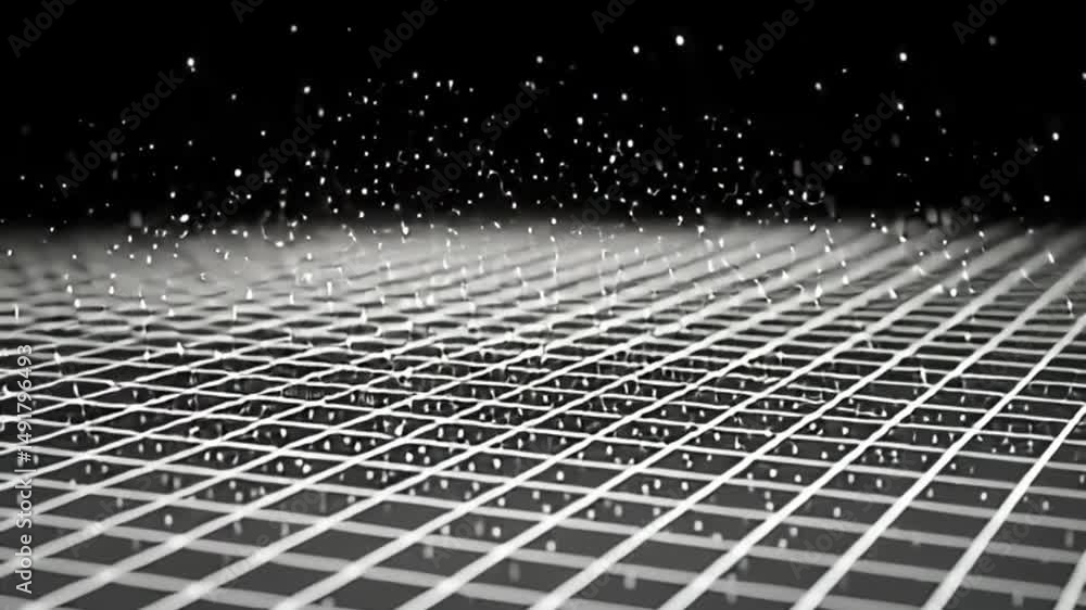 Poster white particles impacting a deforming grid surface in a dark abstract space