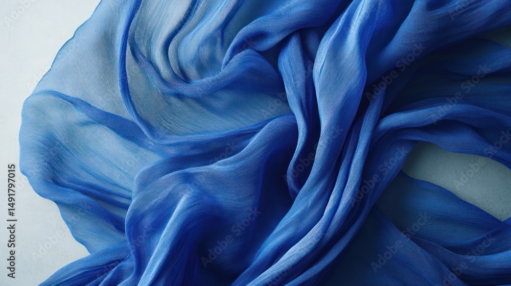 Poster elegant flowing silk fabric in shades of blue creating a textured abstract pattern
