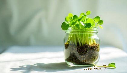 Microgreens in a Glass Jar Soaking Up Soft Natural Light – Minimalist Kitchen Decor

Gentle Light on Jar-Grown Microgreens – A Fresh, Sustainable Touch

Sunlit Glass Jar of Microgreens – Aesthetic Ind