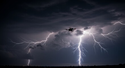 Drone Flying in Thunderstorm with Lightning Strike