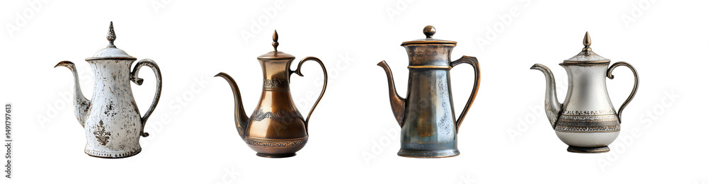 Poster set of antique teapots displayed in a row. isolated on transparent background