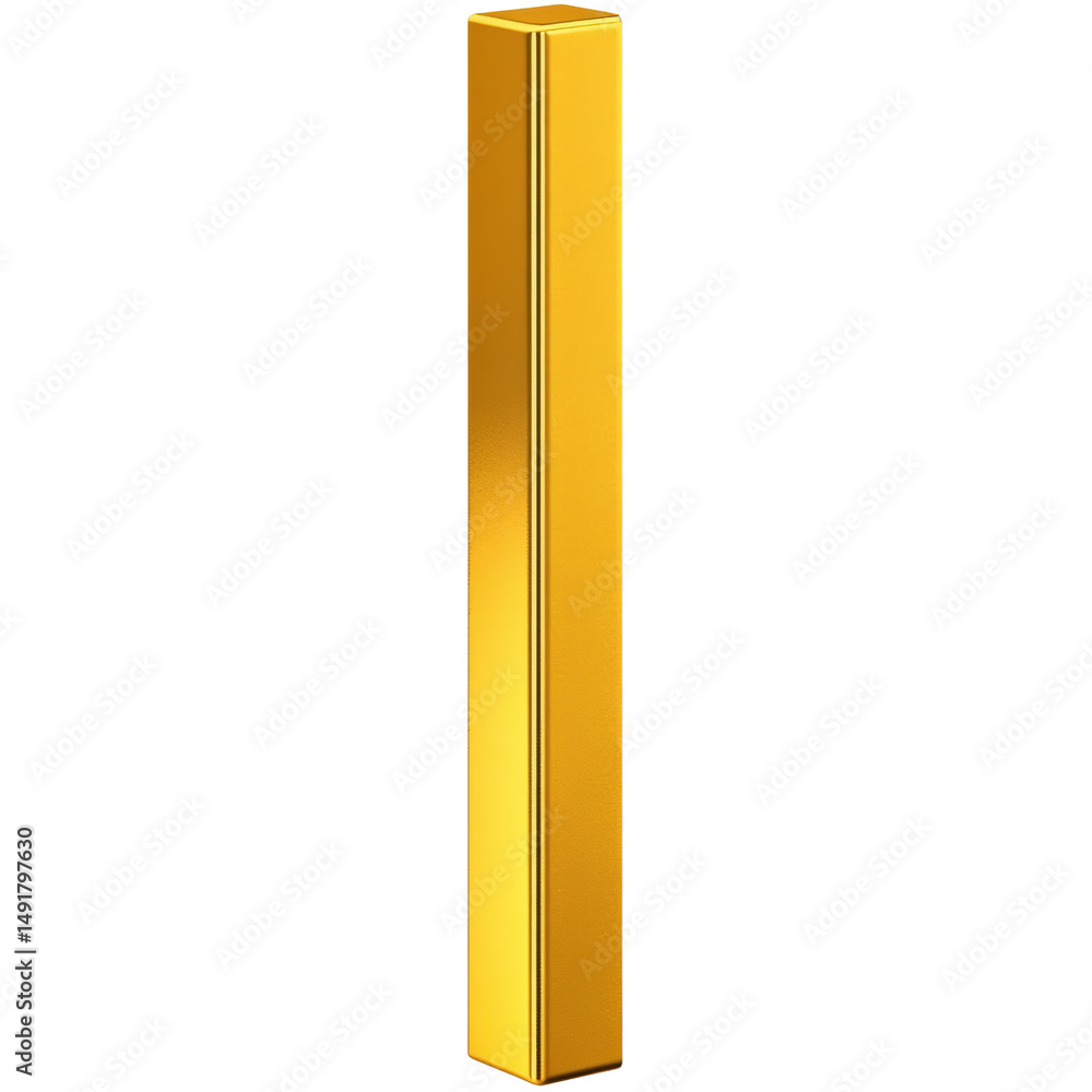 Poster tall shiny gold rectangular prism standing vertically on a plain white background with reflective me