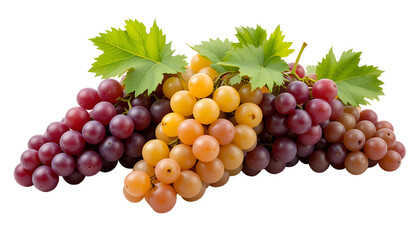 Fototapeta premium Fresh grapes of all colors with vine leaves, isolated on pure white background, realistic lighting, premium quality, ideal for packaging design.