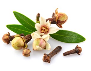 Close-up shot of clove flowers buds and green leaves on a white surface, displaying natural textures and colors
