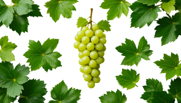 Natural bunch of green grapes and lush leaves on a seamless white backdrop, crisp focus, minimalistic style, perfect for product display.
