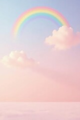 Pastel Rainbow Arcing Across a Dreamy, Soft Pink Sky with Fluffy Clouds