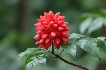 Red Flower Blooming on Branch with Green Leaves Close Up