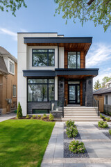 Fototapeta premium Modern house exterior with white trim and dark siding combining contemporary architecture with clean contrast and curb appeal