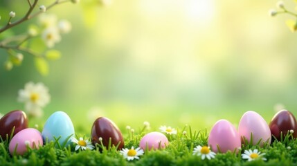 Fototapeta premium Pastel Eggs Nestled in Spring Meadow with Blooming Daisies and Soft Sunlight