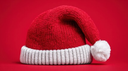Red and white knitted Santa hat displayed against a solid red background, perfect for holiday themes.